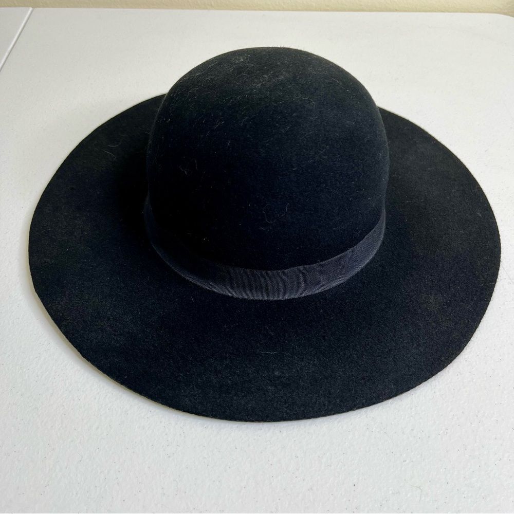 Black Wool Boho Hat Grosgrain Ribbon Band Floppy Cloche Women Small Medium